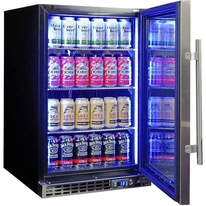 Bar Fridge | Single Door Alfresco | Schmick SK116 right hinged door open and full of drinks with blue LED lights
